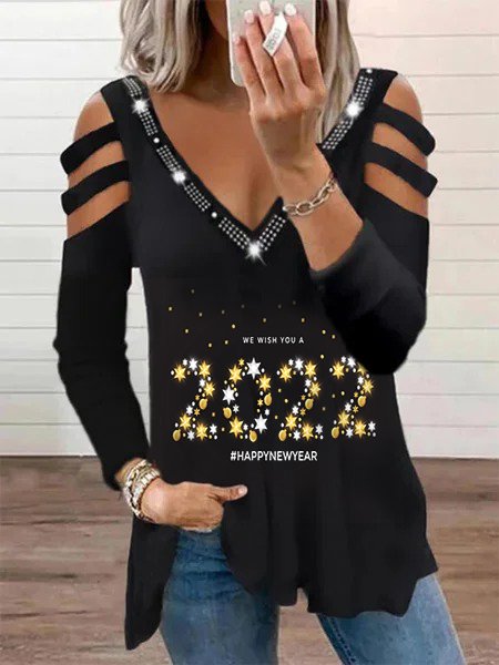 

Shiny 2022 Letters V Neck Long Sleeves Plus Size Casual Tops, Black, T-Shirts