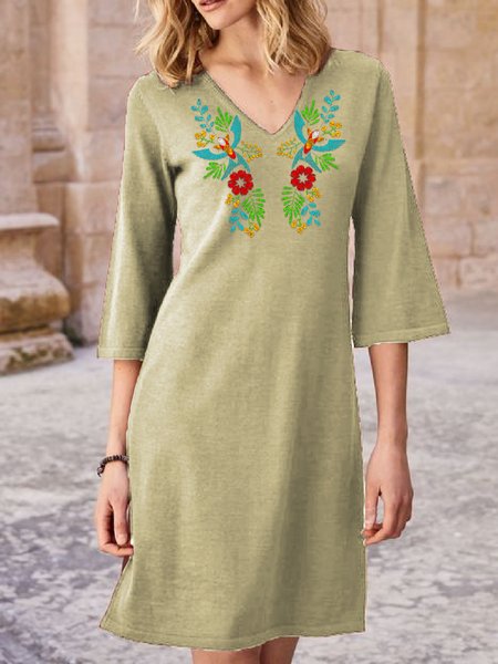 Floral Print V Neck Half Sleeve Midi Dresses, Khaki, Mini Dresses