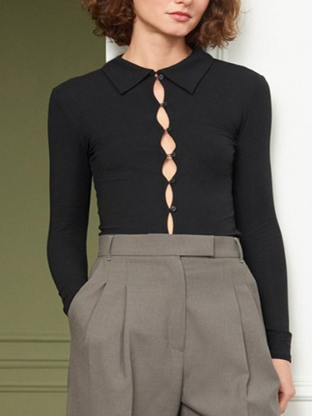 

Casual Solid Lapel Shirts & Tops, Black, Blouses and Shirts