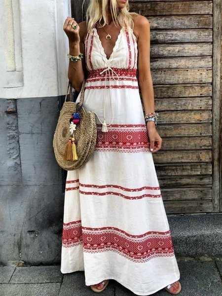 

Boho Geometric Regular Fit Dresses, White, Maxi Dresses