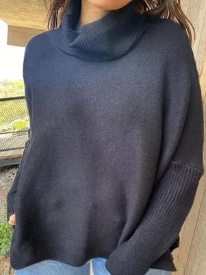 

High Neck Vintage Loosen Off Shoulder Sweater, Black, Sweaters & Cardigans