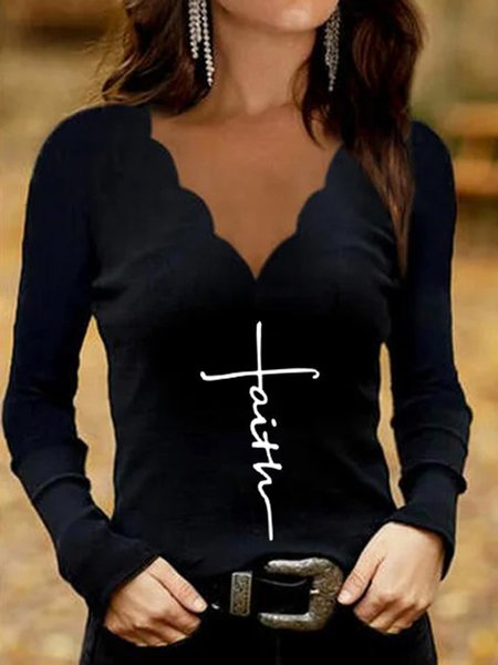 

Letter Long Sleeve Casual V Neck Shirts & Tops, Black, T-Shirts