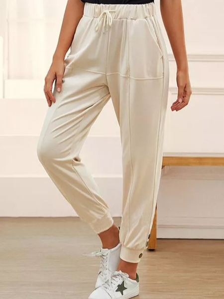 

Loose Buttons Pockets High Waist Polyester Pants, Apricot, Pants