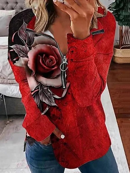 

Floral Zipper V Neck Casual Sweatshirt, Red, Sweatshirts & Hoodies