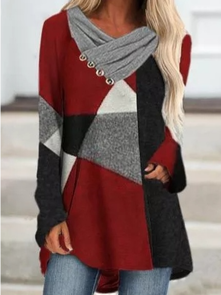 

Casual Cowl Neck Geometric Shirts & Tops, Multicolor, Long sleeve tops