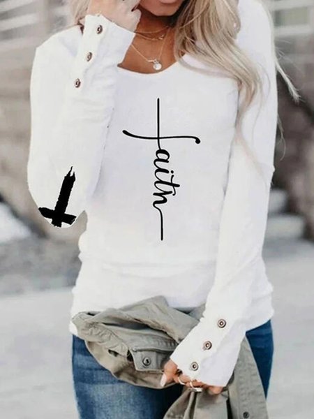 

JFN Round Neck Faith Letter Daily T-Shirt/Tee, White, T-Shirts