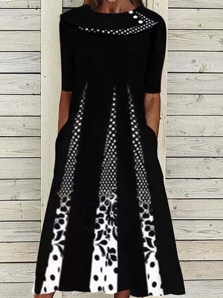

Polka Dots Crew Neck Loosen Dresses, Black, Casual Dresses