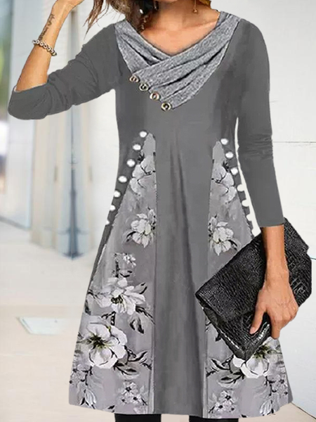 

Floral Tunic V-Neckline Above Knee A-line Dress, Gray, Formal Dresses