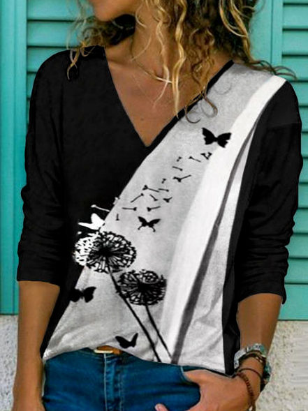 

V Neck Casual Cotton Blends Shirts & Tops, Black, Long sleeve tops