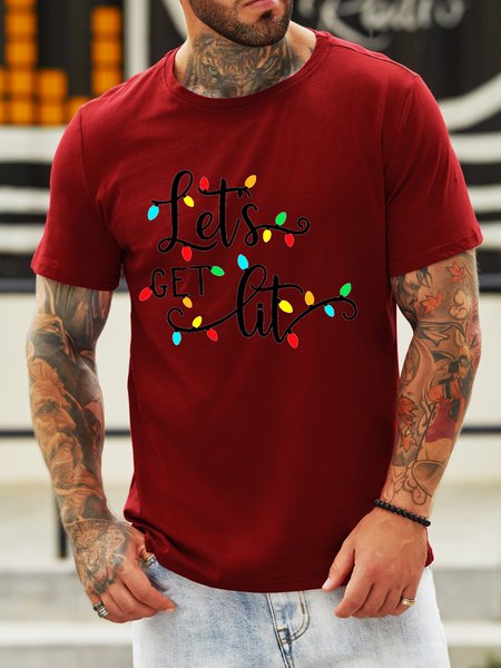 

Let's Get Lit Crew Neck Casual Tshirts, Red, T-shirts