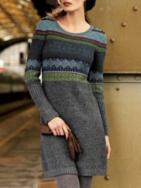 

Round Neck Vintage Long Sleeve Dresses, Gray, Mini Dresses