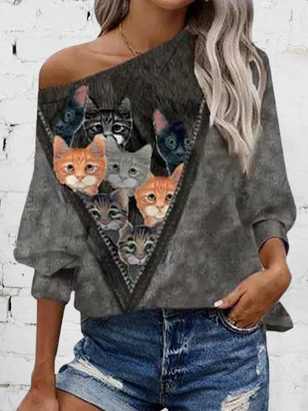 

Cute Cat Pattern Crew Neck Elegant Color Block Sweatshirt, Gray, Sweatshirts & Hoodies