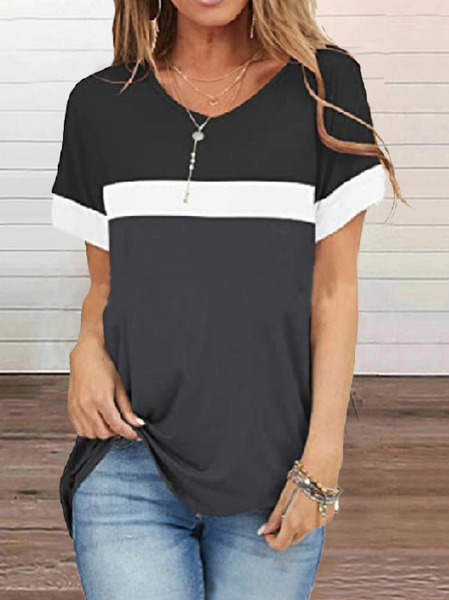 

Striped Casual Cotton Crew Neck Short Sleeve Tops, Black gray, T-Shirts