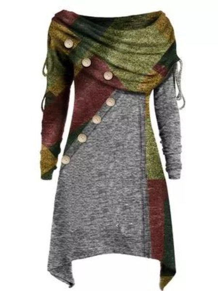 

Casual Long Sleeve Cowl Neck Plus Size Printed Dress, Multicolor, Mini Dresses