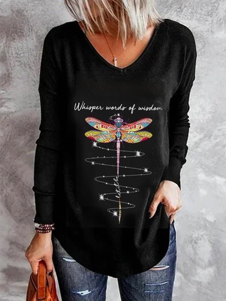 

Vintage Dragonfly Letters Printed Long Sleeve V Neck Plus Size Casual Tops, Black, T-Shirts