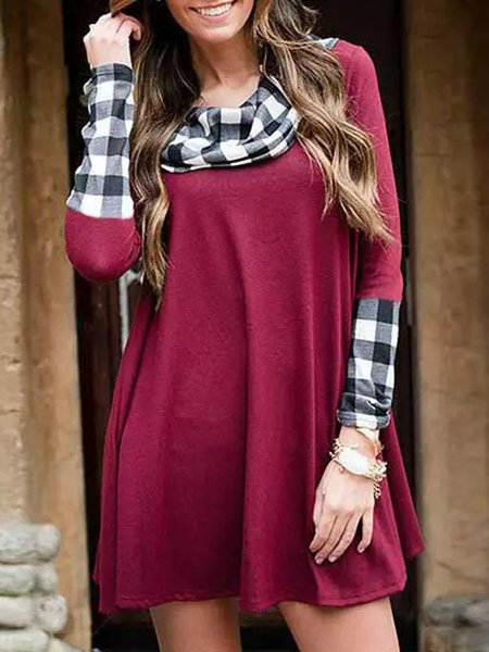 

Casual Grid Patchwork A-line Dress, Red, Casual Dresses