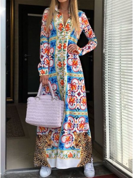 

Tribal Casual Lapel Dresses, As picture, Maxi Dresses