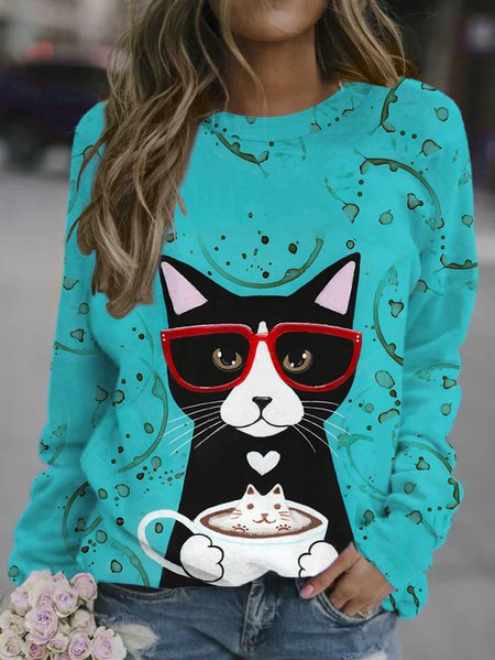 

Casual cat print round neck long sleeve sweatshirt, Blue, Hoodies&Sweatshirts