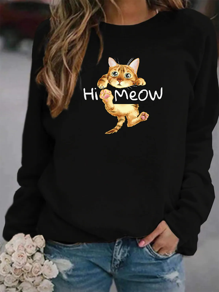 

Hi Cat Print Round Neck Long Sleeve Casual Sweatshirt, Black, Sweatshirts & Hoodies