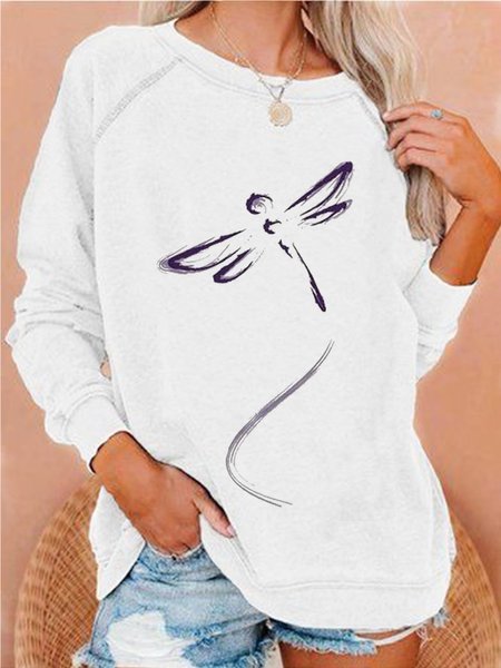 

Casual Loosen Dragonfly Crew Neck Long Sleeve Sweatshirt, White, Hoodies & Sweatshirts