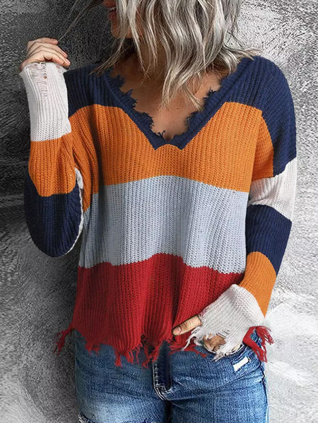 

omen's Color Block Frayed Hem Knitted V-Neck Sweater, Multicolor, Sweaters
