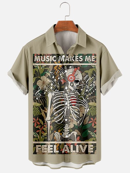 

Mens Skull Floral Print Casual Breathable Chest Pocket Short Sleeve Shirts, Gray, Men's Floral shirt