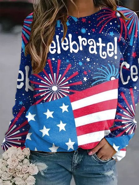 

Casual Long Sleeve Crew Neck Printed Sweatshirt, Blue, Hoodies & Sweatshirts