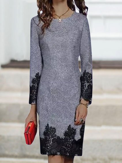 

Lace Crew Neck Elegant Long Sleeve Midi Dresses, Gray, Tie dye dress