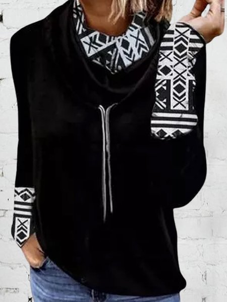 

High Neck Loosen Vacation Shirts & Tops, Black, Long sleeve tops