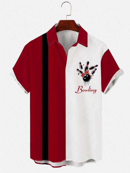 

Mens Bowling Print Round Hem Loose Short Sleeve Shirts, Red, Shirts ＆ Blouse