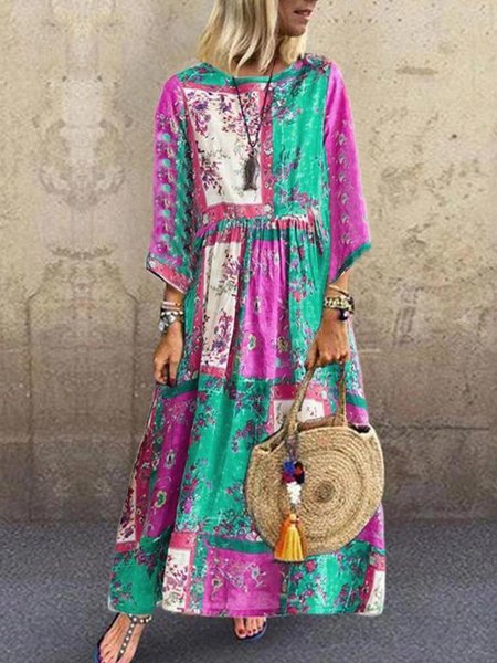 

Floral Linen Color Block Pastoral Dresses, Pink, Maxi Dresses
