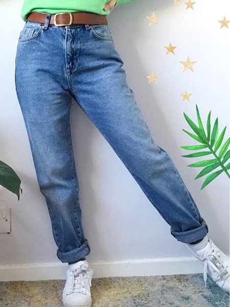 

Casual Daily Blue Mid Waist Solid Denim Pants, Pants