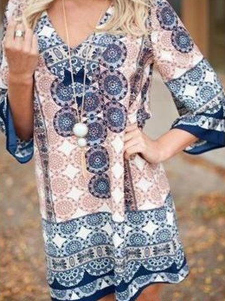 

Loosen Geometric V Neck Dresses, Blue, Mini Dresses