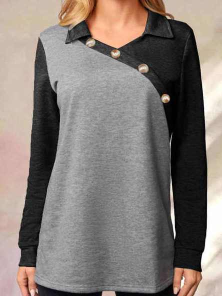 

Stitching Loose Casual Long-sleeved T-shirt, Black-grey, Tops