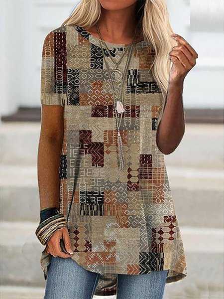 

Patterned Loosen Crew Neck Short Sleeve Tops, Khaki, Tops