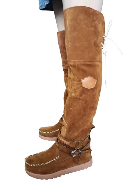 

Vintage Belt Buckle Lace-up Suede Over the knee Boots, Yellow brown, Boots