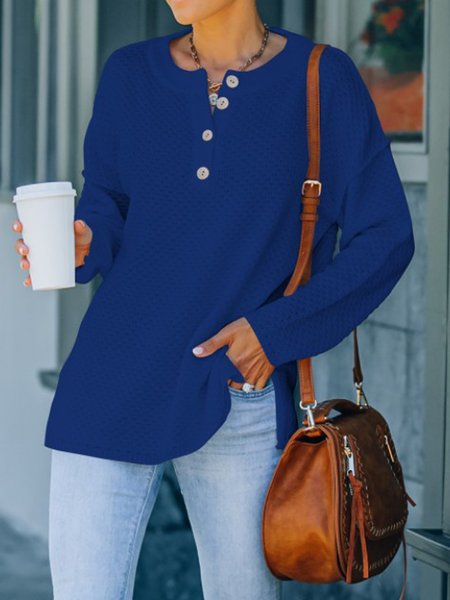 

Crew Neck Loosen Solid Shirts & Tops, Denim blue, Long sleeve tops