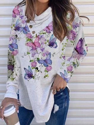 

Floral Printed Cowl Neck Printed Long Sleeve Shirts & Tops, White, Long sleeve tops