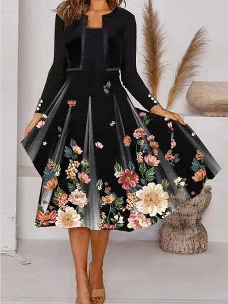 

Loosen Crew Neck Floral Dresses, Black, Mini Dresses