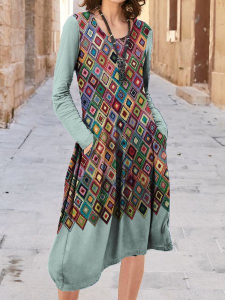 

Regular Fit Cotton Blends Geometric Dresses, Mint, Midi Dresses
