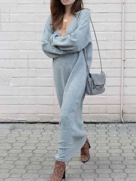 

Plain V Neck Loosen Dresses, Gray, Maxi Dresses