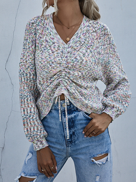 

Casual Household Daily Vintage V Neck Cotton Blends Sweater, White, Sweaters