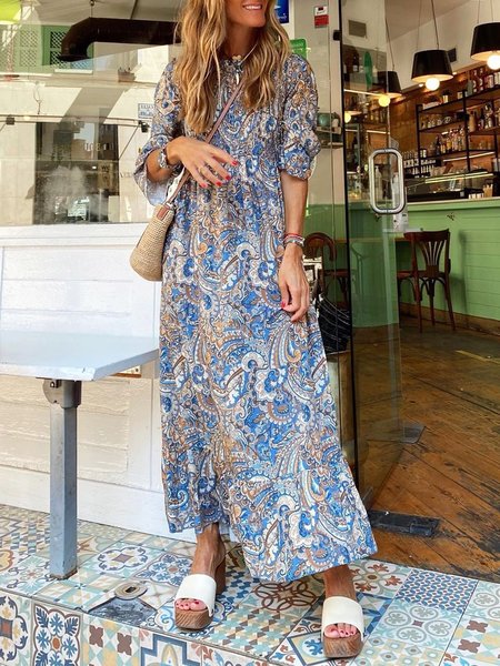 

Paisley Round Neck Boho Vacation Long Sleeve A-line Maxi Dresses, As picture, Maxi Dresses