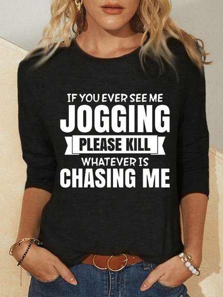 

Long Sleeve Casual Crew Neck Letter T-shirt, Black, T-Shirts