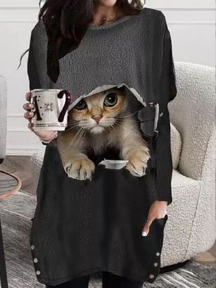 

Cat Printed Crew Neck Casual Long sleeve Pocket Dresses, Black, Casual Dresses