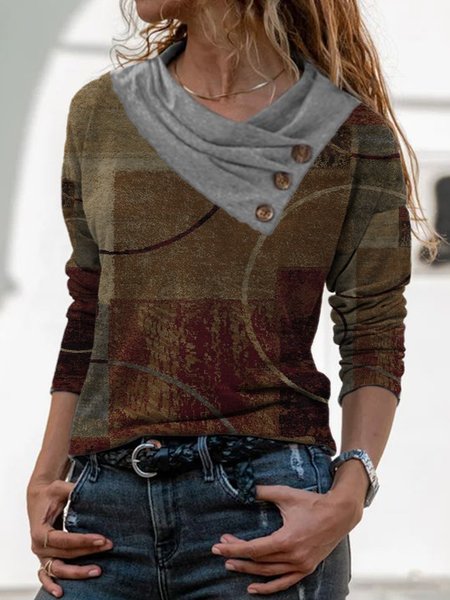 

Buttoned Cowl Neck Loosen Shirts & Tops, Brown, Long sleeve tops