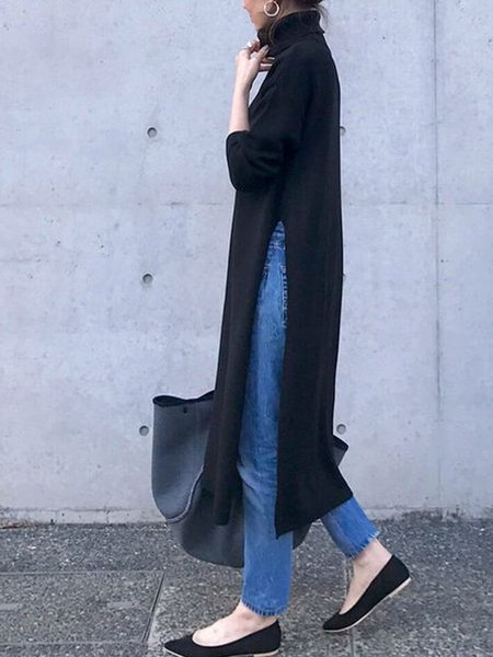 

High Neck Casual Loosen Midi Dress, Black, Midi Dresses