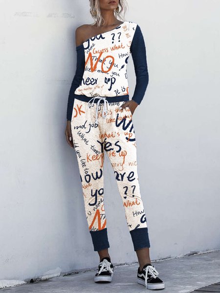 

Letter Print One Shoulder Casual Suits, Blue, Two-piece Outfits