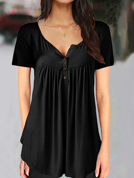 

Solid Casual V Neck Short Sleeve Tops, Black, Tops