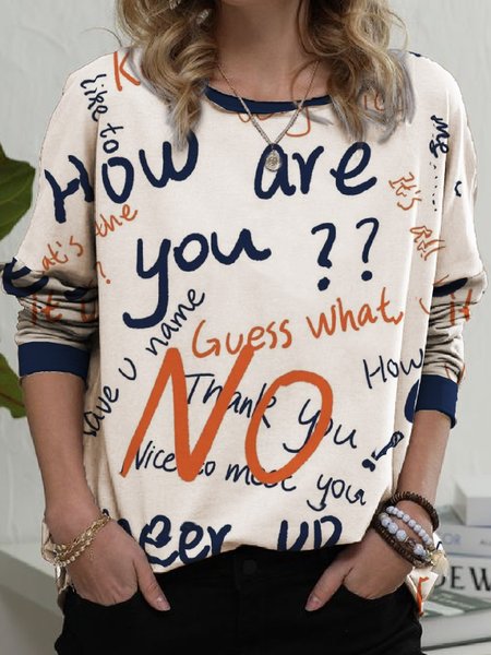 

Letter Print Casual Crew Neck Long SLeeve Tops, Blue, T-Shirts